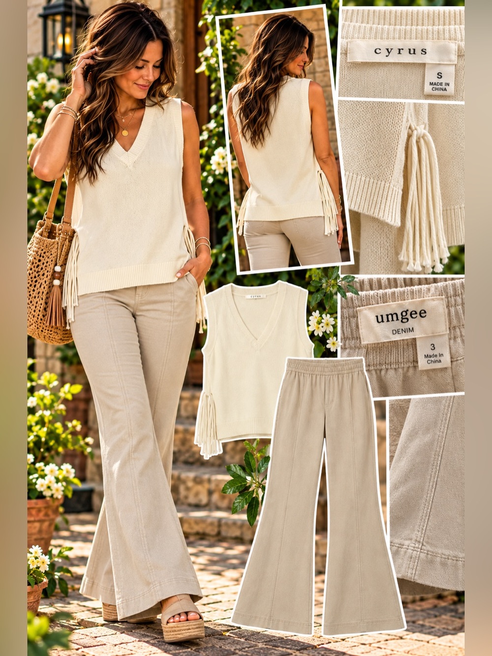 2 Piece Bundle - Cyrus Cream Knit Vest with umgee Boot‑Cut Pants